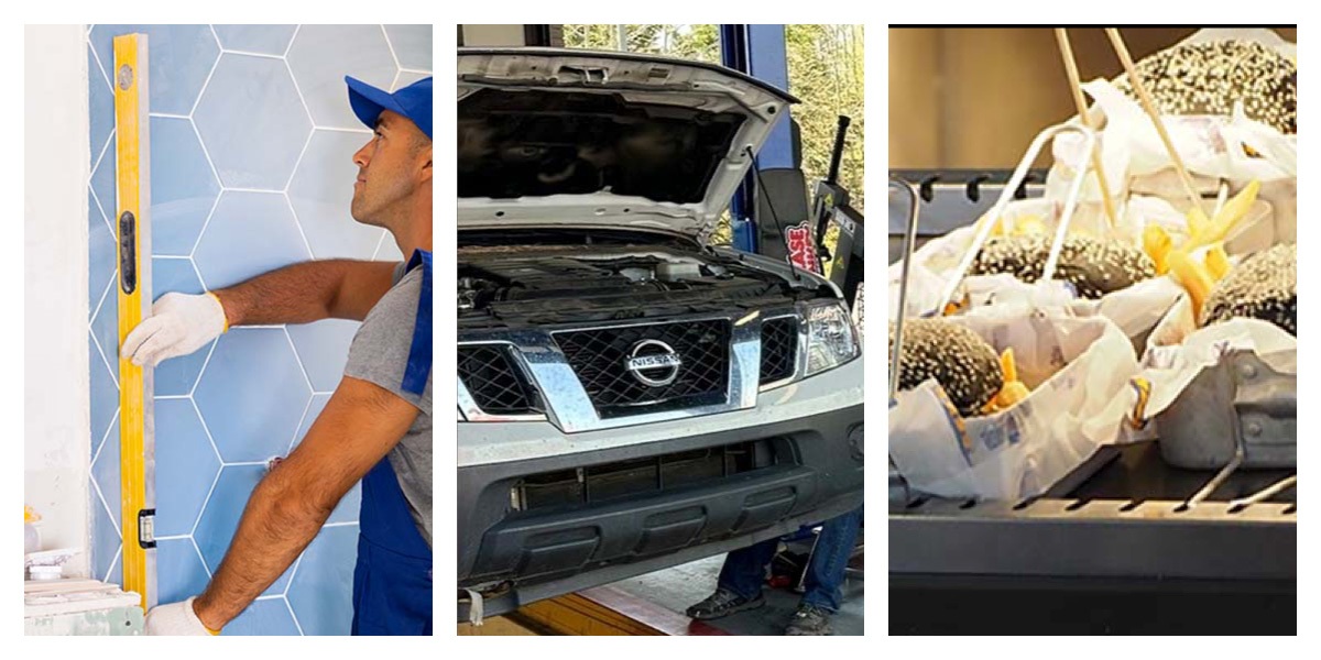 This photo shows ideas for different franchises: a renovator using a level, a car being serviced, and hamburgers and fries ready for customers.